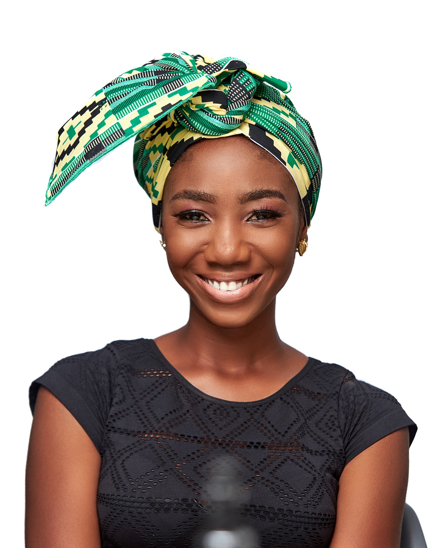 Green Yellow, Black And White Ghanaian Kente Detachable Silklined Headwrap