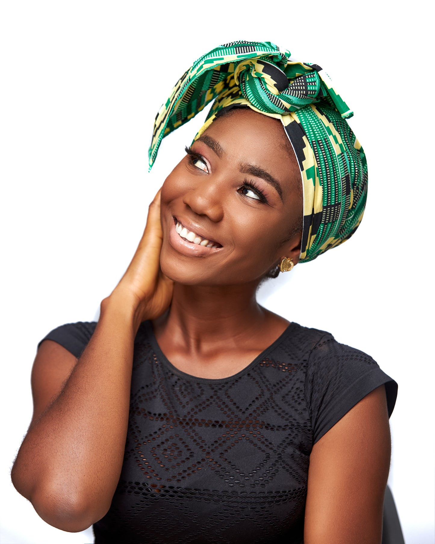 Green Yellow, Black And White Ghanaian Kente Detachable Silklined Headwrap