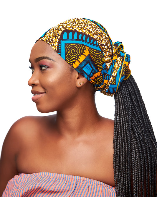 Brown Ankara Designed Print Detachable Silklined Headwrap