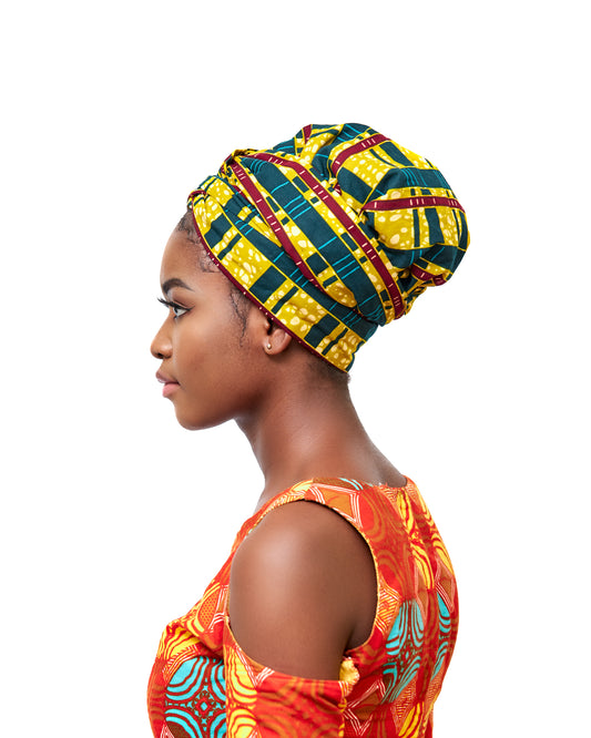 Ankara Wax Print Made of White, Curry, Redwine And Seablue Stripped Green Blend of Beautiful Colours And Pattern, Hand Made Elastic Silklined Bonnet With Band