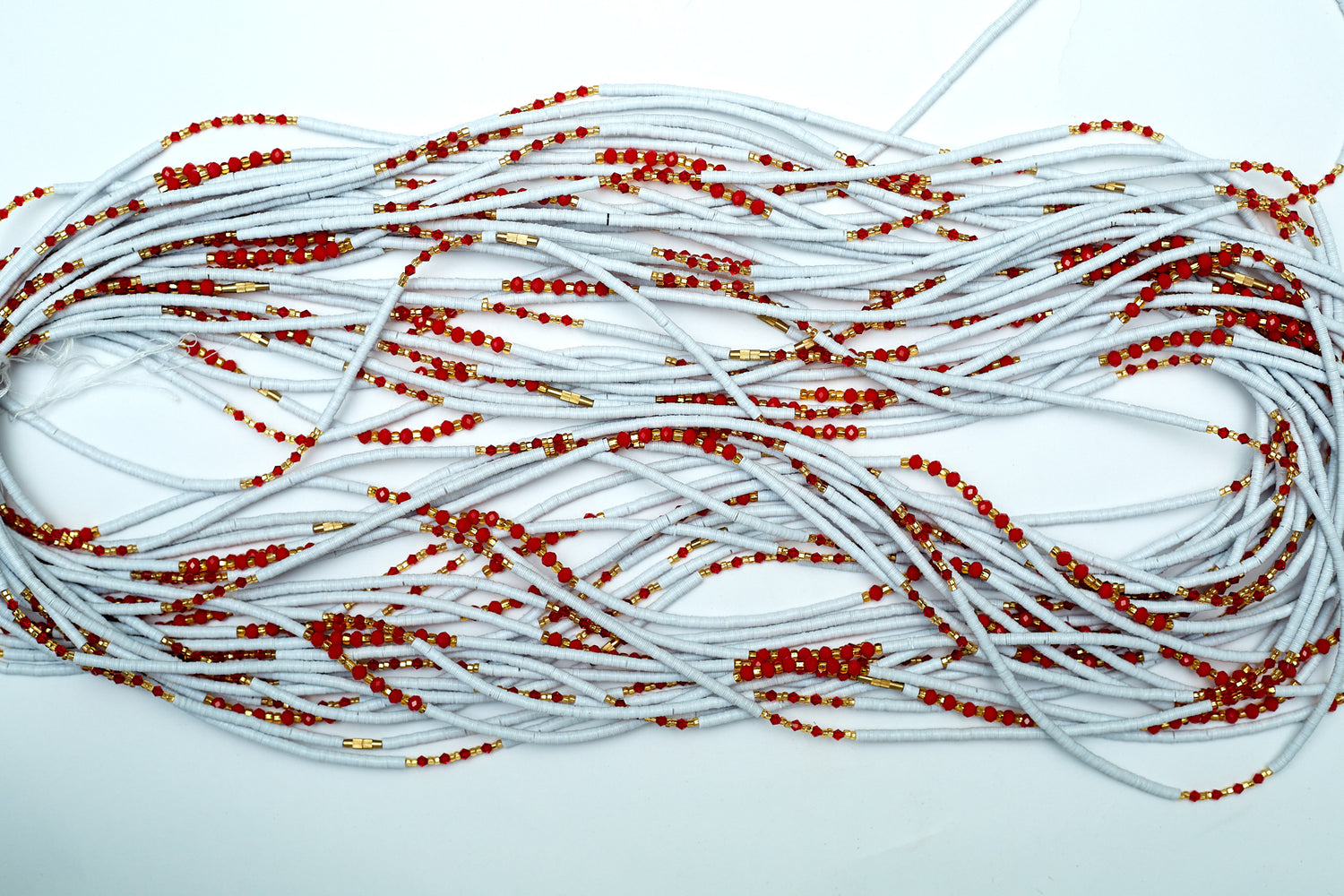 50 Inches White Vinyl beads With Gold Glass Beads And Red Pebble Bar Removable Screw Waist Beads 