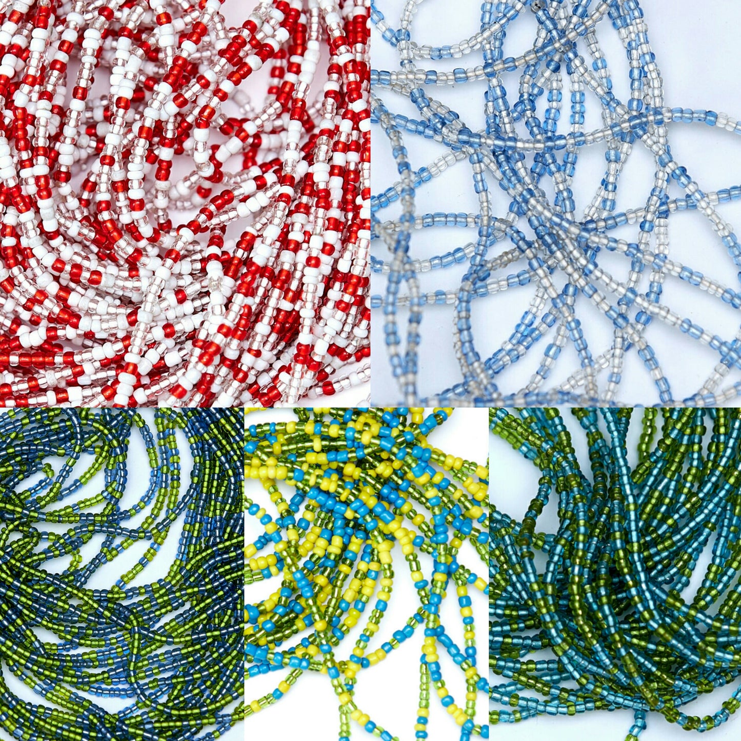 5 Pictures of different Colors of waist beads including 40 Inches Sea Blue And Green Tie on Waist Beads, 40 Inches Light Blue And Green Tie on Waist Beads, 40 Inches Blue and Clear Crystal Tie On Waist Beads, 40 Inches Red And White Tie on Waist Beads, and 44 Inches Yellow And Blue Tie on Waist Beads.