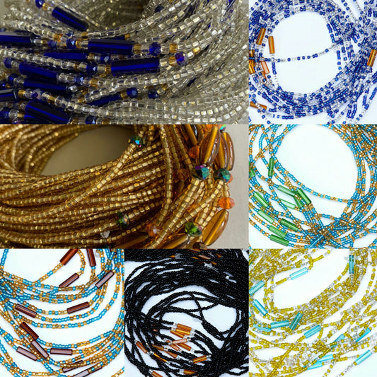 7 Different colored Waist Beads Including 46 Inches Gold And Clear Crystal Beads With Blue Pebble Bar tie on waist beads, 46 Inches Gold Beads with Gold And Green Pebble Bars Tie On Waist Beads, 45 Inches Blue And Clear Crystal Glass Beads With Gold Pebble Bar Tie On Waist Beads, 45 Inches Gold And Sea Blue Glass Beads With Green Pebble Bar Tie On Waist Beads, 45 Inches Yellow And Clear Crystal Glass Beads With Sea Blue Pebble Bar Tie On Waist Beads, 
