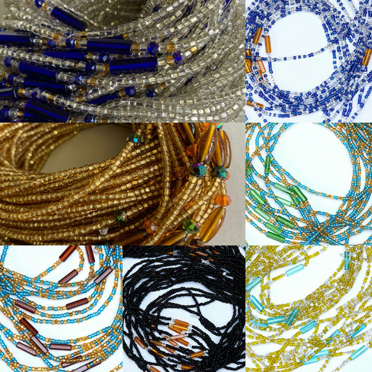 7 Different colored Waist Beads Including 46 Inches Gold And Clear Crystal Beads With Blue Pebble Bar tie on waist beads, 46 Inches Gold Beads with Gold And Green Pebble Bars Tie On Waist Beads, 45 Inches Blue And Clear Crystal Glass Beads With Gold Pebble Bar Tie On Waist Beads, 45 Inches Gold And Sea Blue Glass Beads With Green Pebble Bar Tie On Waist Beads, 45 Inches Yellow And Clear Crystal Glass Beads With Sea Blue Pebble Bar Tie On Waist Beads,