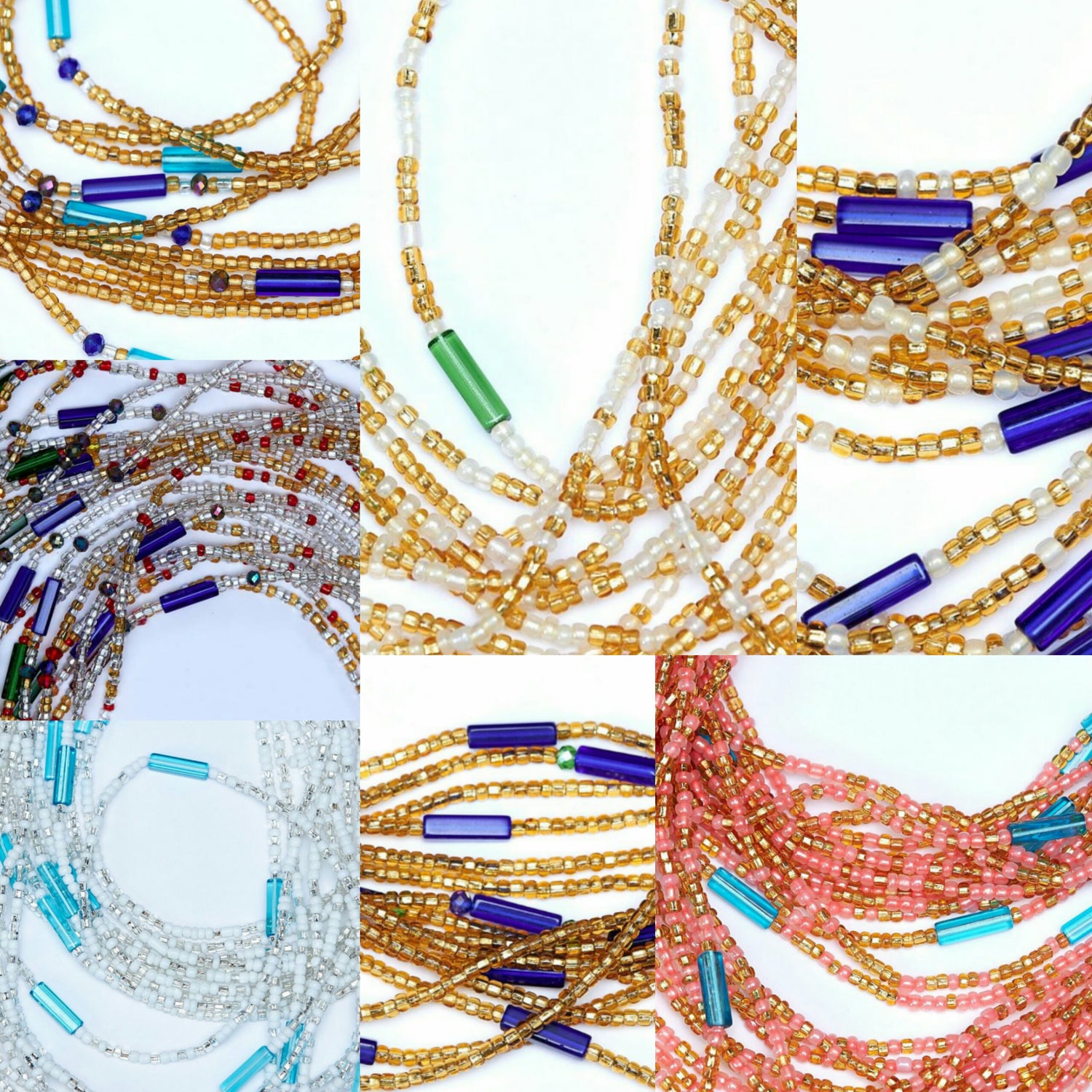 7 Colored Waist Beads Including 45 Inches Wine and Clear Crystal Tie on Waist Beads, 45 Inches Silver And White Beads With Sea Blue Pebble Bar Tie On Waist Beads And 44 Inches Gold Beads With Deep Blue Pebble Bars Tie on Waist Beads