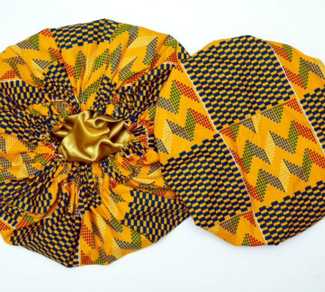 Yellow, Red, Blue, And Green Kente Print With Gold Silk Lined Hair Bonnet 