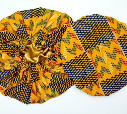 Yellow, Red, Blue, And Green Kente Print With Gold Silk Lined Hair Bonnet