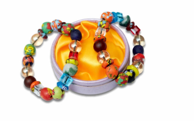 Mixed Coloured Bright Medley Fused Rondelle Recycled Glass beaded BRACELET Ghana Beads