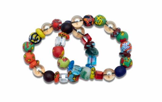 Mixed Coloured Bright Medley Fused Rondelle Recycled Glass beaded BRACELET Ghana Beads