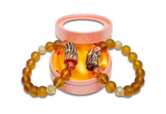 Gold And Black Red Dipo Coloured Bright Medley Fused Rondelle Recycled Glass beaded BRACELET Ghana Beads