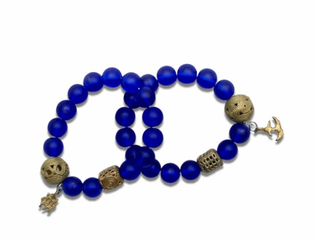 Royal Blue Bright Medley Fused Rondelle Recycled Glass beaded BRACELET With Metallic Pendants Ghana Beads
