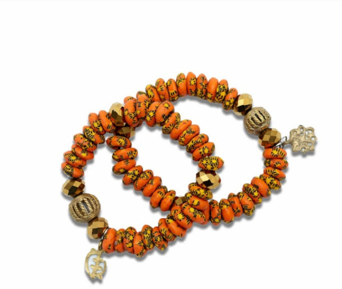 Orange,Gold And Black Coloured Bright Medley Fused Rondelle Recycled Glass beaded BRACELET With Pendant Ghana Beads