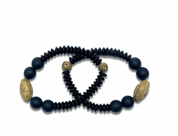 Black And Gold Metal Plated Coloured Bright Medley Fused Rondelle Recycled Glass beaded BRACELET Ghana Beads