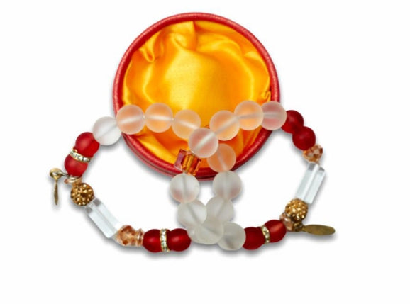 Clear And Red Coloured Bright Medley Fused Rondelle Recycled Glass beaded BRACELET With Pendant Ghana Beads