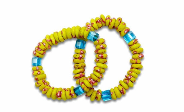Yellow,SeaBlue And Red Bright Medley Fused Rondelle Recycled Glass beaded BRACELET Ghana Beads