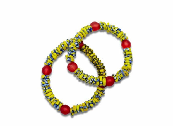 Yellow,Red,Blue Stripped Coloured Bright Medley Fused Rondelle Recycled Glass beaded BRACELET Ghana Beads