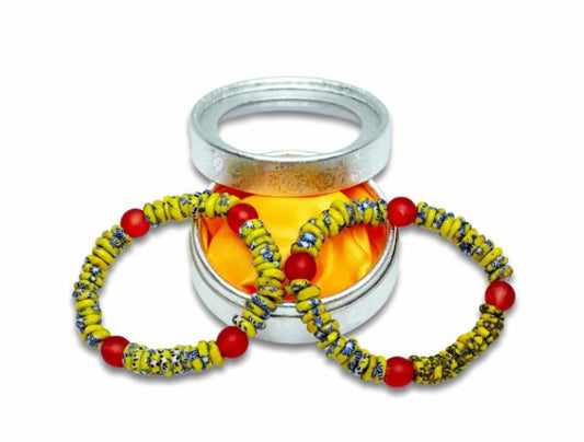 Yellow,Red,Blue Stripped Coloured Bright Medley Fused Rondelle Recycled Glass beaded BRACELET Ghana Beads