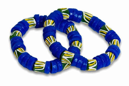 Multi Colored Bright Medley Fused Rondelle Recycled Glass beaded BRACELET With Adinkira Symbol Ghana Beads