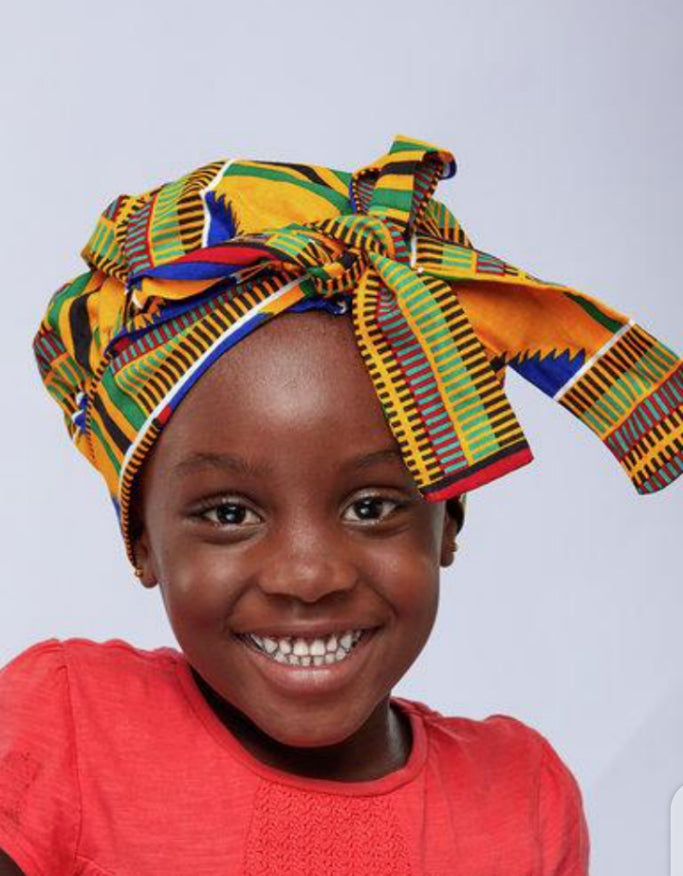 Green, Blue, Yellow And Red Kente Print Silk Lined Kids Hair Bonnet With 13 Inches Band