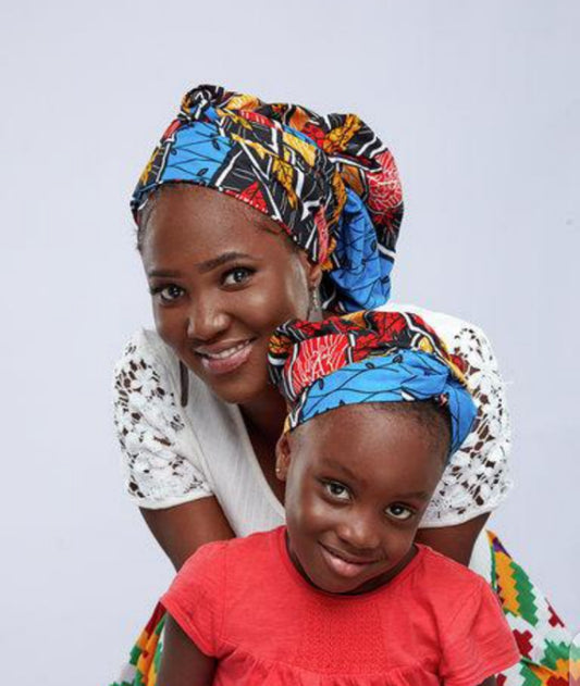 Blue, Red, Gold, And Black Ankara Wax Print Silk Lined  Kids Bonnet With 13 Inches Band 