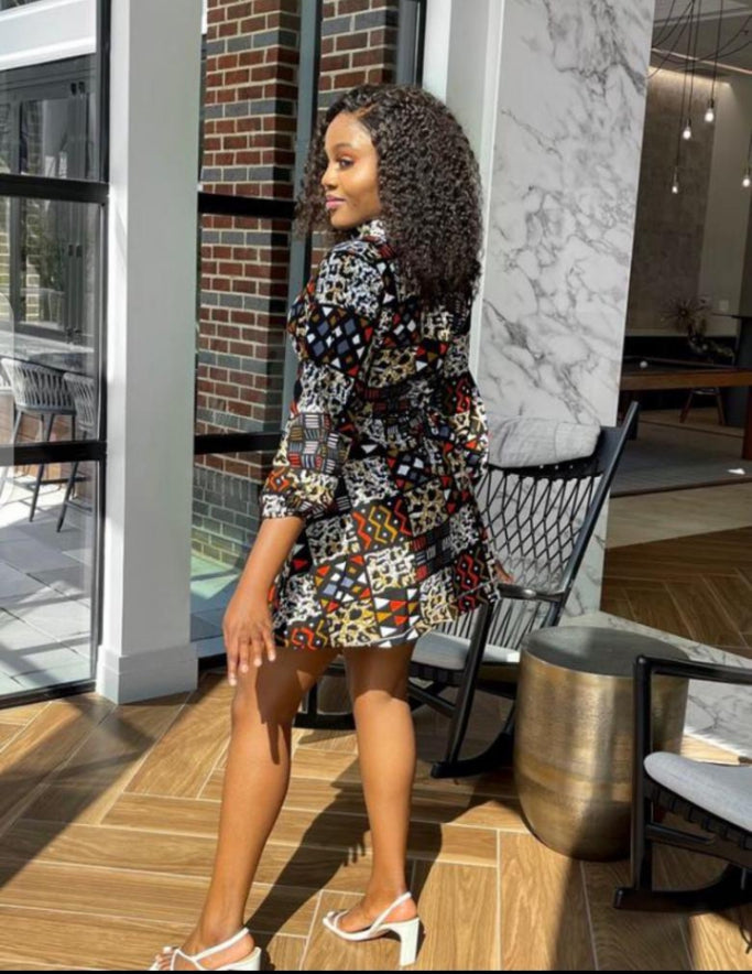 Red , Yellow, White And Black Ankara Wax Print Long Sleeve With Front Zip Mid Loose Dress