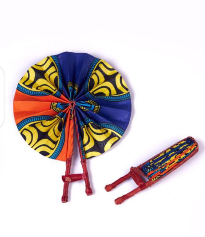Foldable and Portable Bogolan Print Made of Orange, Yellow,Black And Blue Well Designed Colours Ghana Made Handfans With Leather Handle.