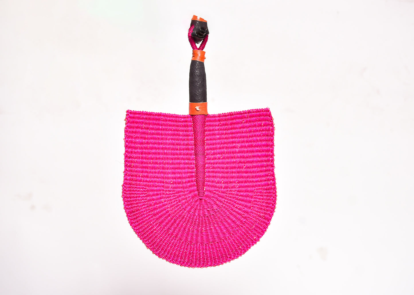 Pink Straw Woven Handfan(Leather Based Handle)