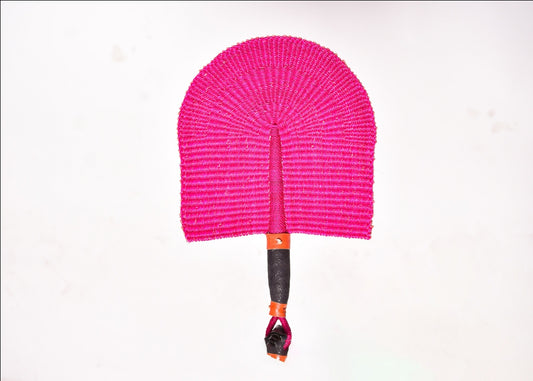 Pink Straw Woven Handfan(Leather Based Handle)