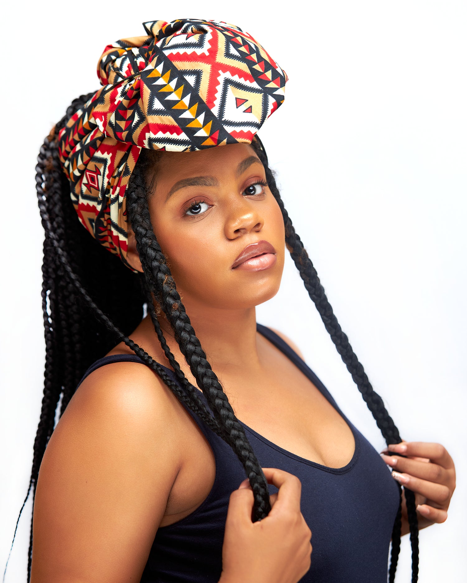 Red, Gold Black And White Bogolan Detachable Silklined Headwrap