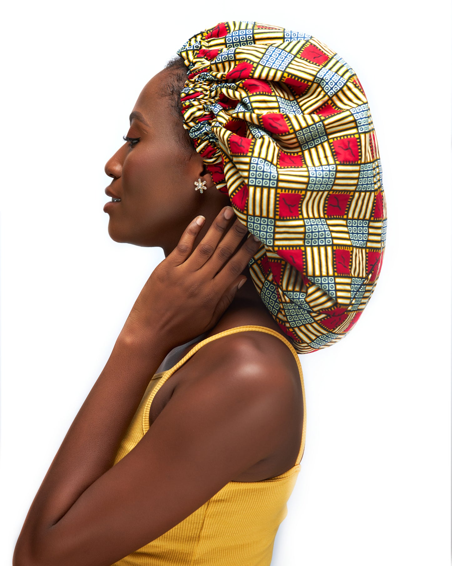 Gold, Red, Cream, Black , And Blue Mix Pattern Design Ankara Wax Print With Black Silk Lined Hair Bonnet
