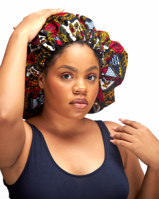 Yellow, Blue, Black, Red, and White Pattern Design Ankara Wax Print Silk Lined Hair Bonnet