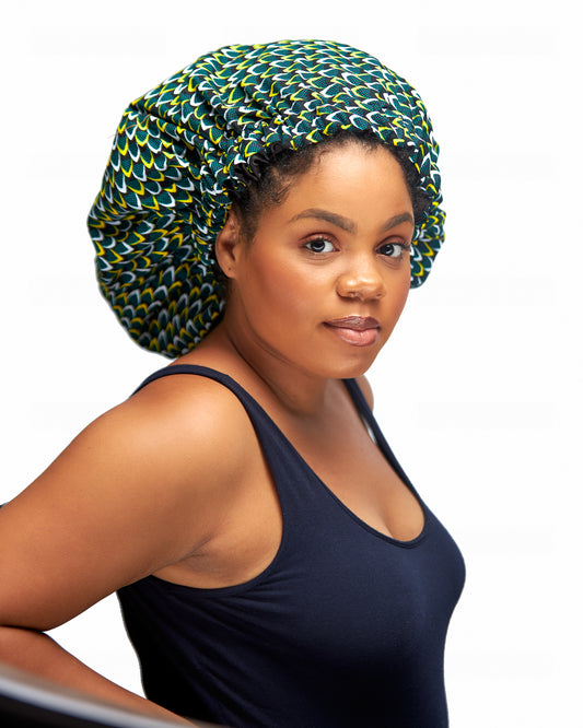 Ankara Wax Print Made of Green, Black,White, Yellow Blend of Beautiful Colours And Pattern, Hand Made Elastic With Black Silk lined Hair Bonnet