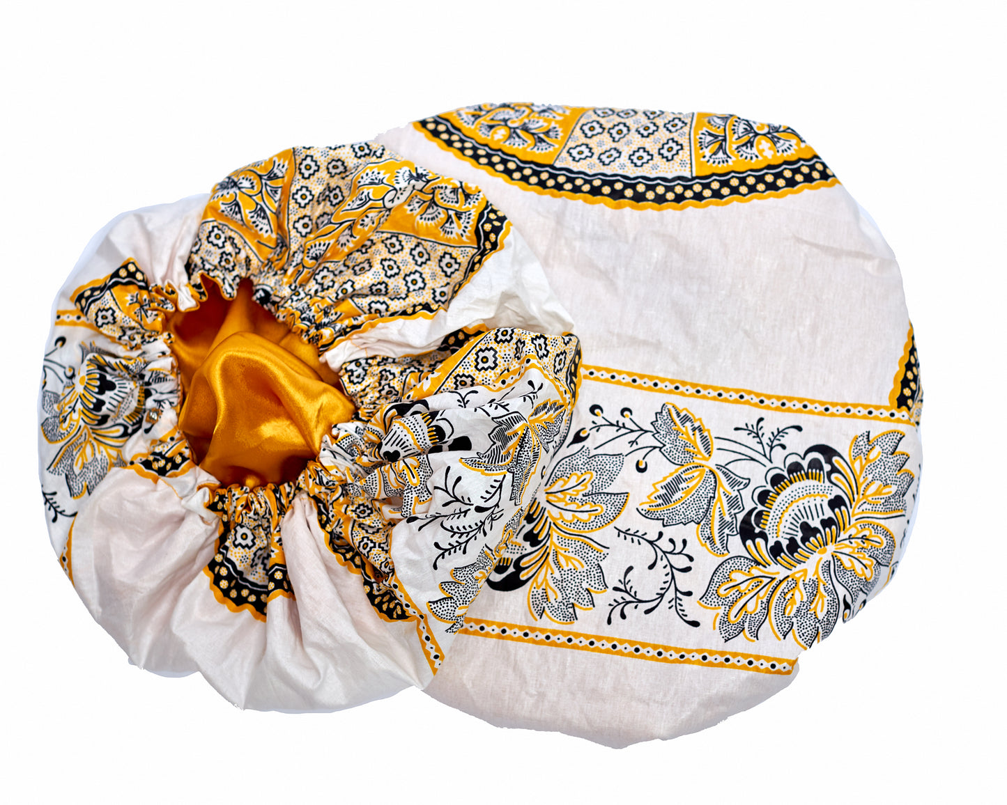 Ankara Wax Print Made of  Black White, Yellow Blend of Beautiful Colours And Pattern, Hand Made Elastic With Yellow Silk lined Hair Bonnet