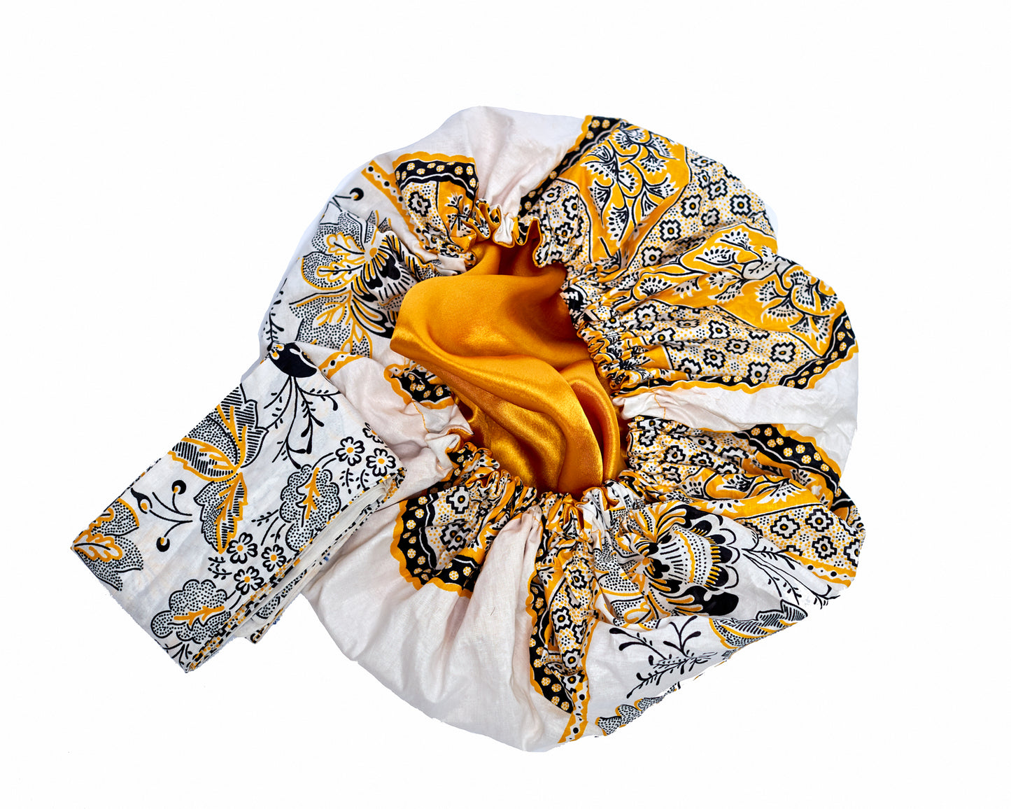 Ankara Wax Print Made of White Yellow And Black Blend of Beautiful Colours And Pattern, Hand Made Elastic Silklined Bonnet With Band