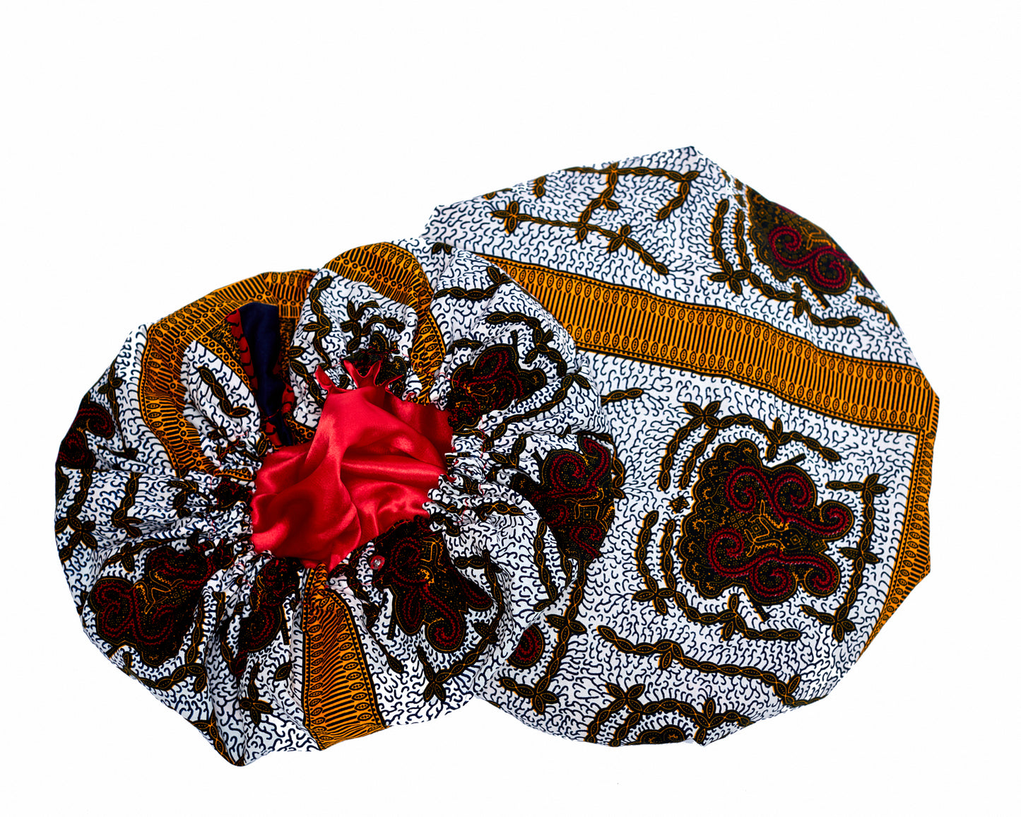 Ankara Wax Print Made of White,Red Gold And Black Blend of Beautiful Colours And Pattern, Hand Made Elastic With Red Silk lined Hair Bonnet