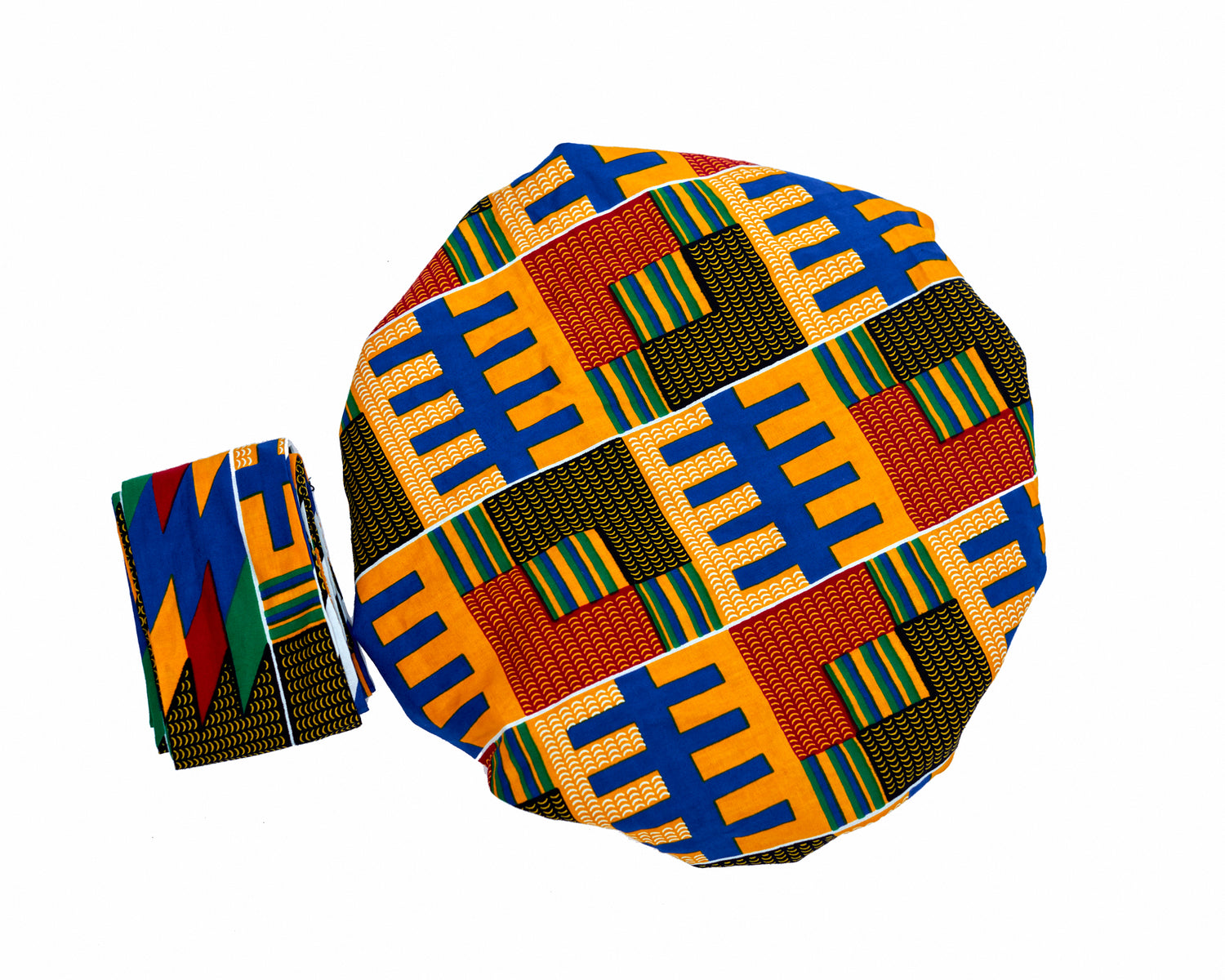 Ghanaian Kente Wax Print Made of Yellow, Red, Green, Black,Blue Blend of Beautiful Colours And Pattern With Adinkira Symbols, Hand Made Elastic Silklined Bonnet With Band