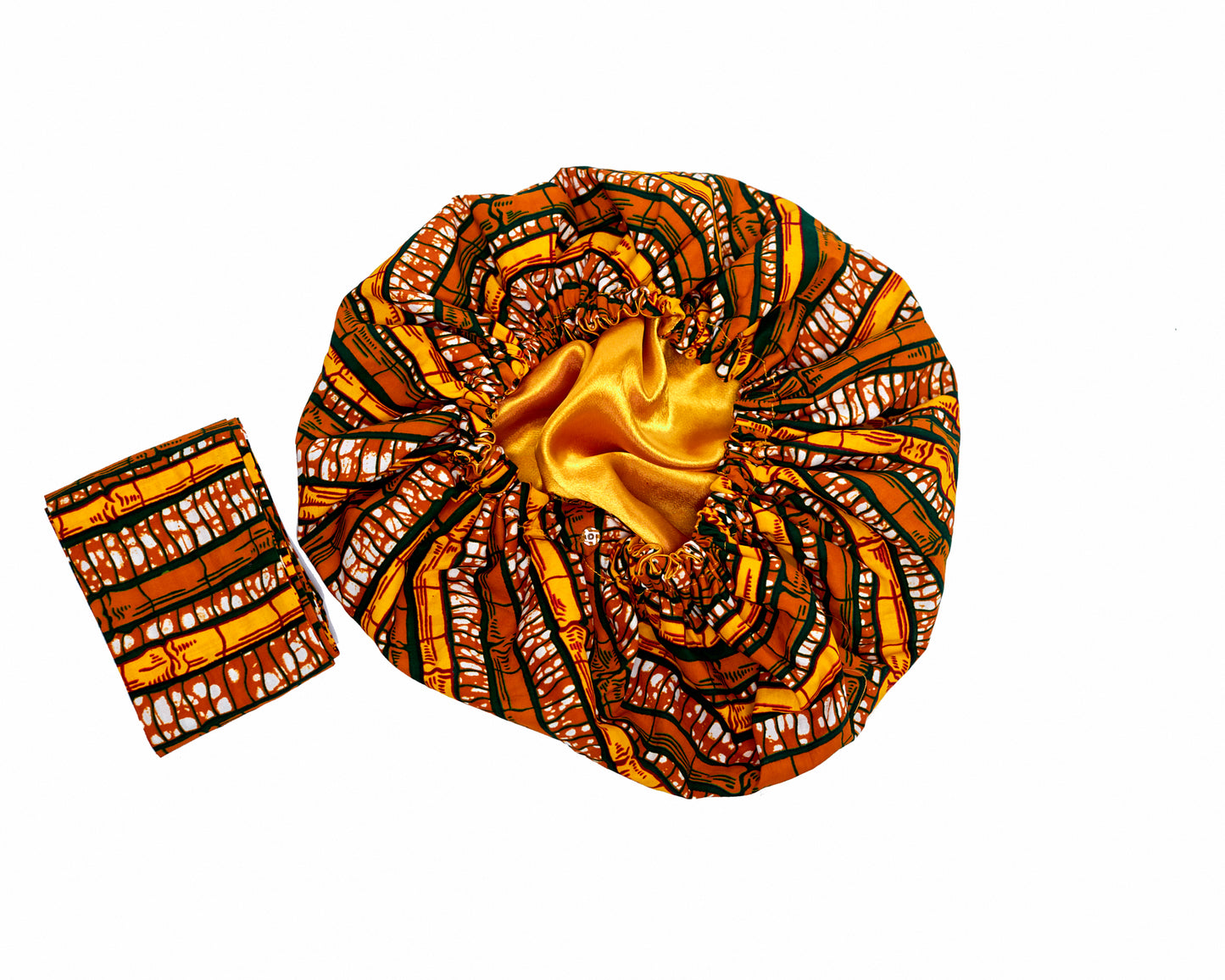 Ankara Wax Print Made of Brown, Yellow, Green And White Blended Beautiful Colours And Pattern, Hand Made Elastic Silklined Bonnet With Band