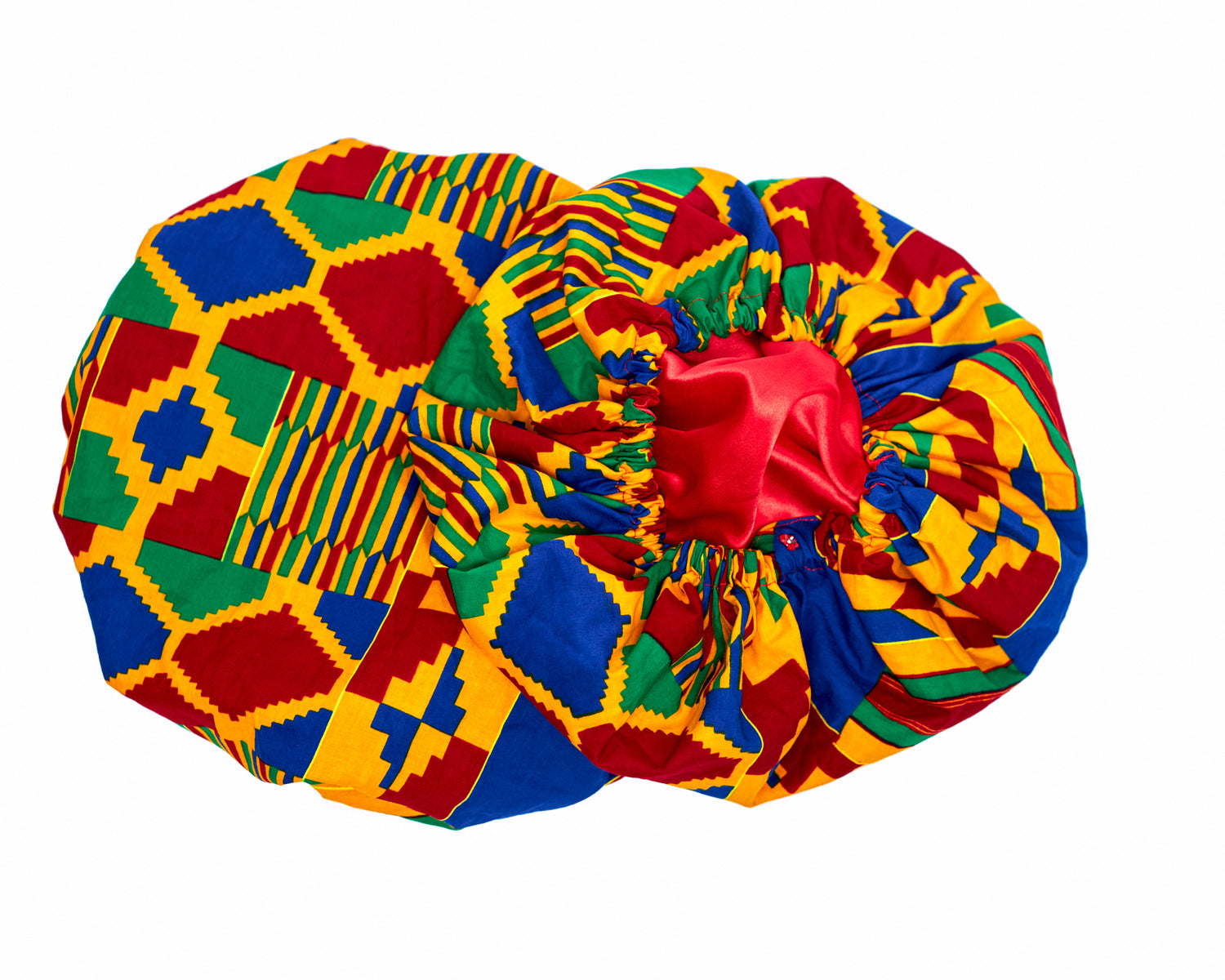 Yellow, Blue, Red, And Green Mix Pattern Kente Print With Red Silk Lined Hair Bonnet