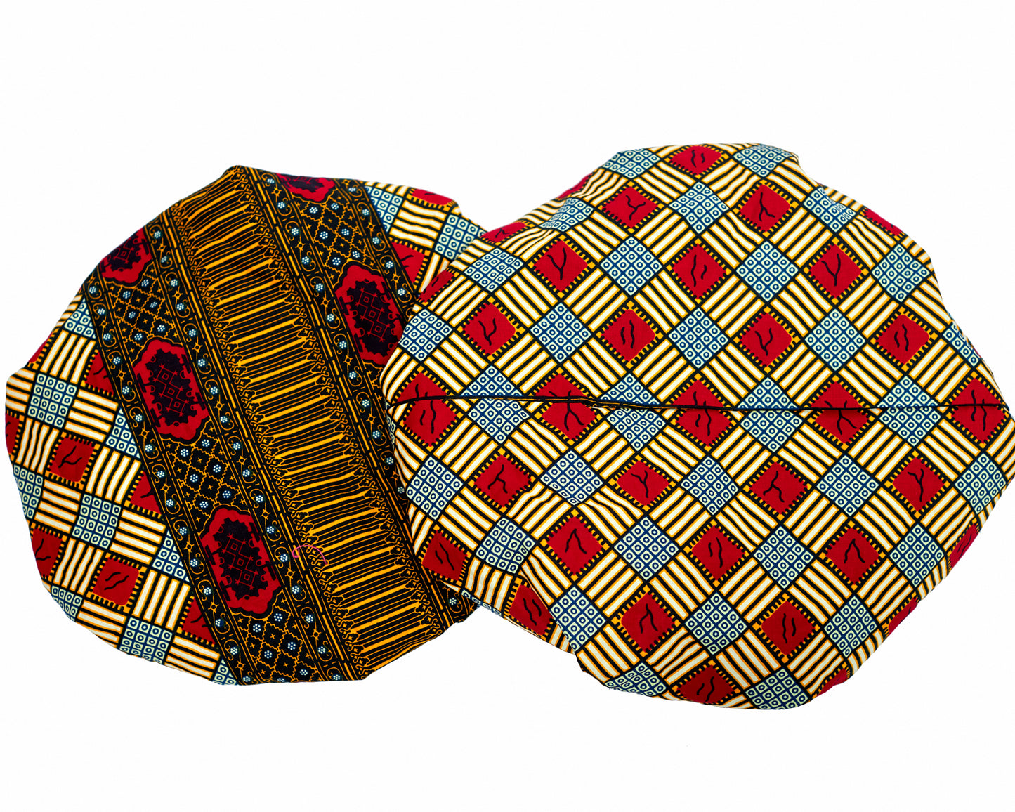 Gold, Red, Cream, Black , And Blue Mix Pattern Design Ankara Wax Print With Black Silk Lined Hair Bonnet 
