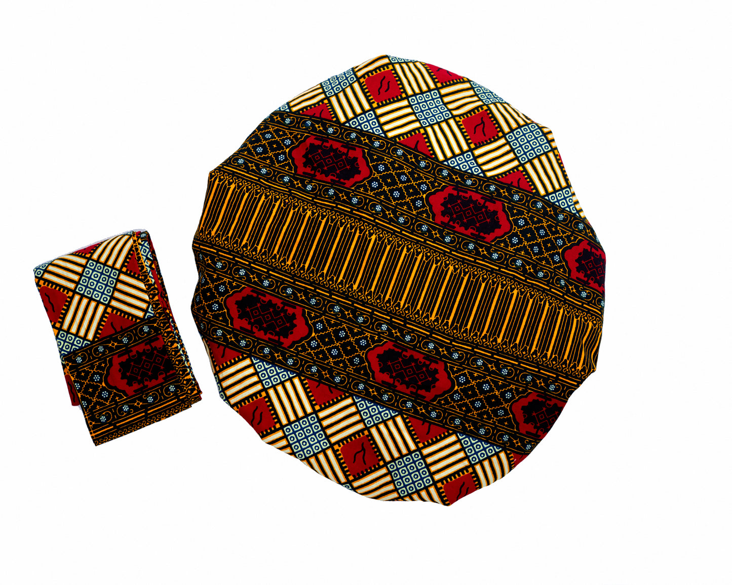 Ankara Wax Print Made of Red, Blue, Gold, And White Blended Beautiful Colours And Pattern, Hand Made Elastic Silklined Bonnet With Band