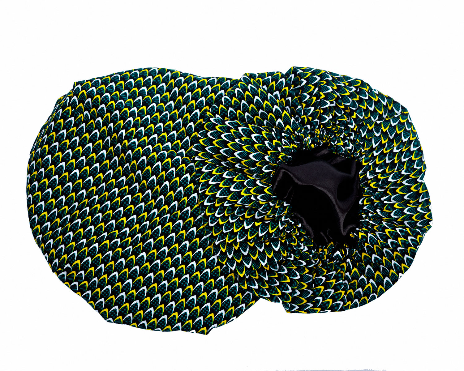 Ankara Wax Print Made of Green, Black,White, Yellow Blend of Beautiful Colours And Pattern, Hand Made Elastic With Black Silk lined Hair Bonnet