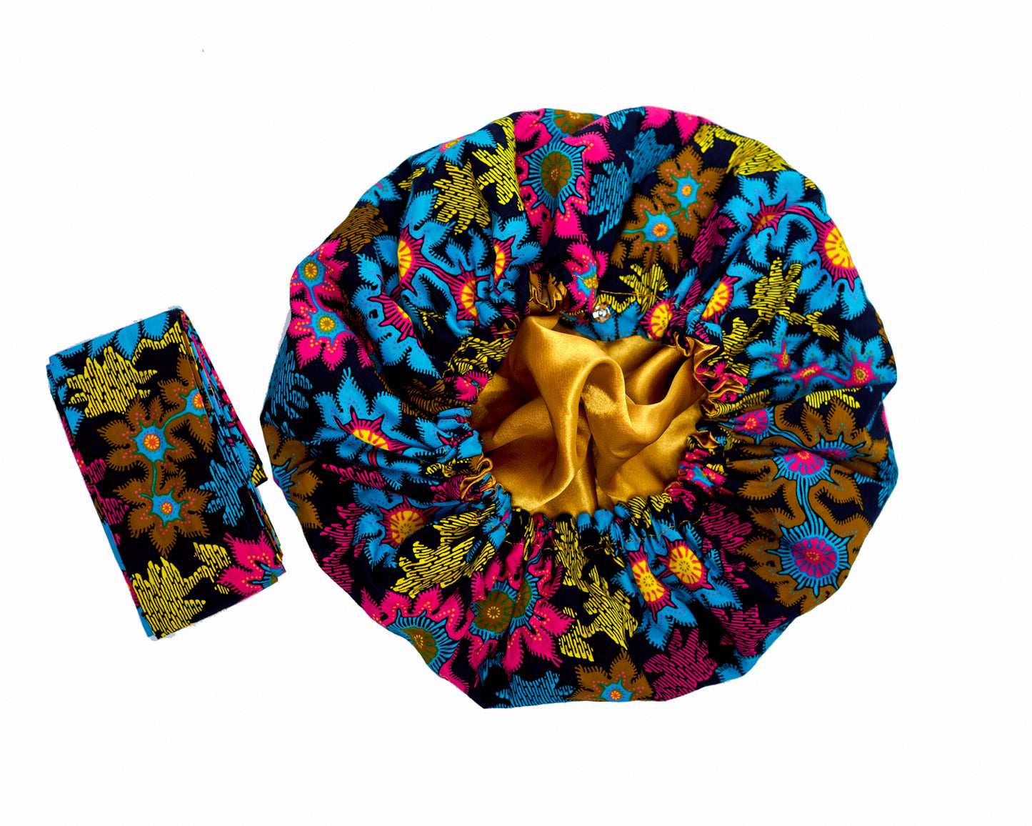 Ankara Wax Print Made of Yellow, Blue, Gold, And Pink Blend of Beautiful Colours And Pattern, Hand Made Elastic Silklined Bonnet With Band