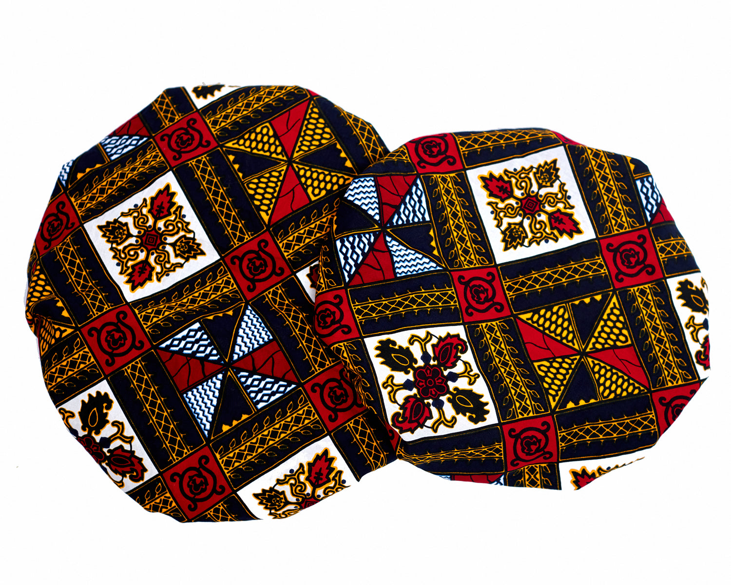 Yellow, Blue, Black , Red, and White Pattern Design Ankara Wax Print Silk Lined Hair Bonnet