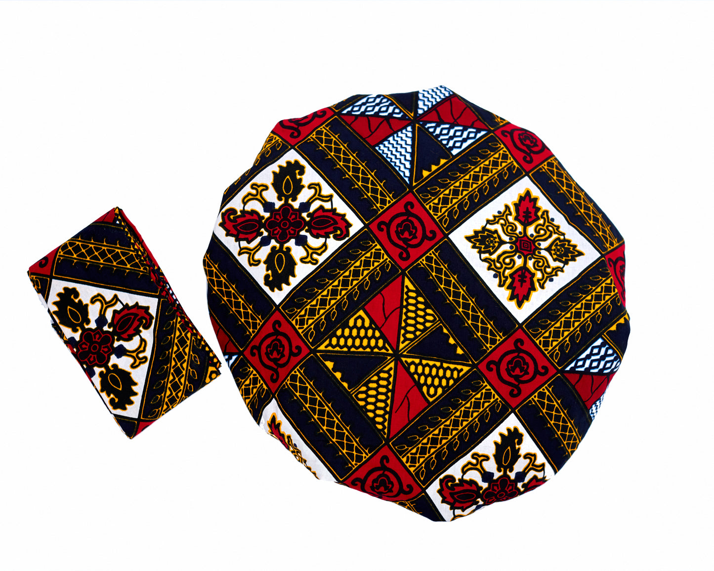 Ankara Wax Print Made of Red, Blue, Gold, Black And White Blended Beautiful Colours And Pattern, Hand Made Elastic Silklined Bonnet With Band