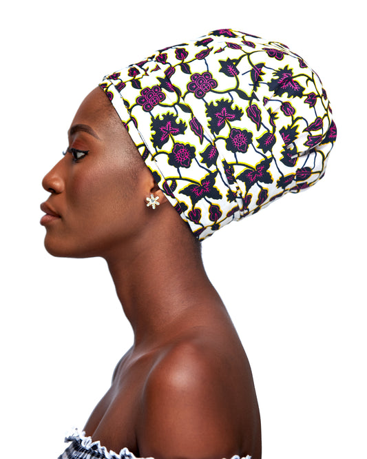 Ankara Wax Print Made of White, Pink And Black Blend of Beautiful Colours And Pattern, Hand Made Elastic Silklined Bonnet With Band