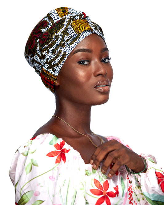 Ankara Wax Print Made of White,Gold,Red And Black Blend of Beautiful Colours And Pattern, Hand Made Elastic Silklined Bonnet With Band