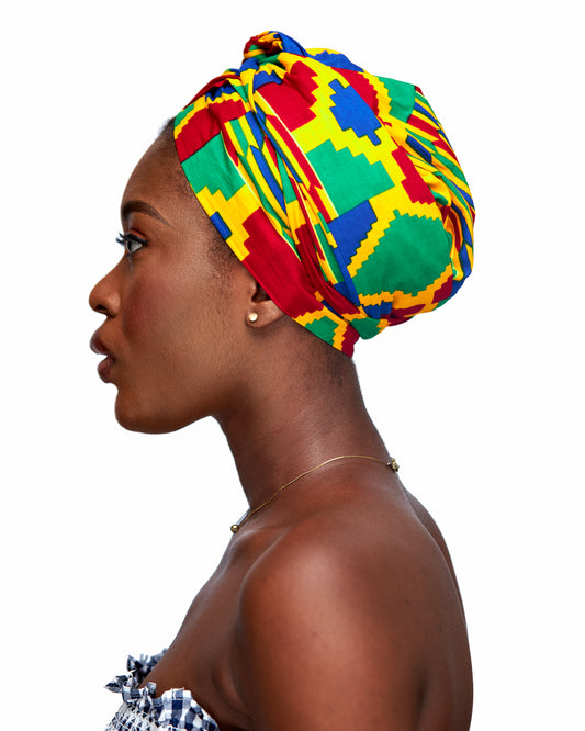Ghanaian Kente Wax Print Made of Yellow, Red, Green, Yellow,Blue Blend of Beautiful Colours And Pattern With Adinkira Symbols, Hand Made Elastic Silklined Bonnet With Band