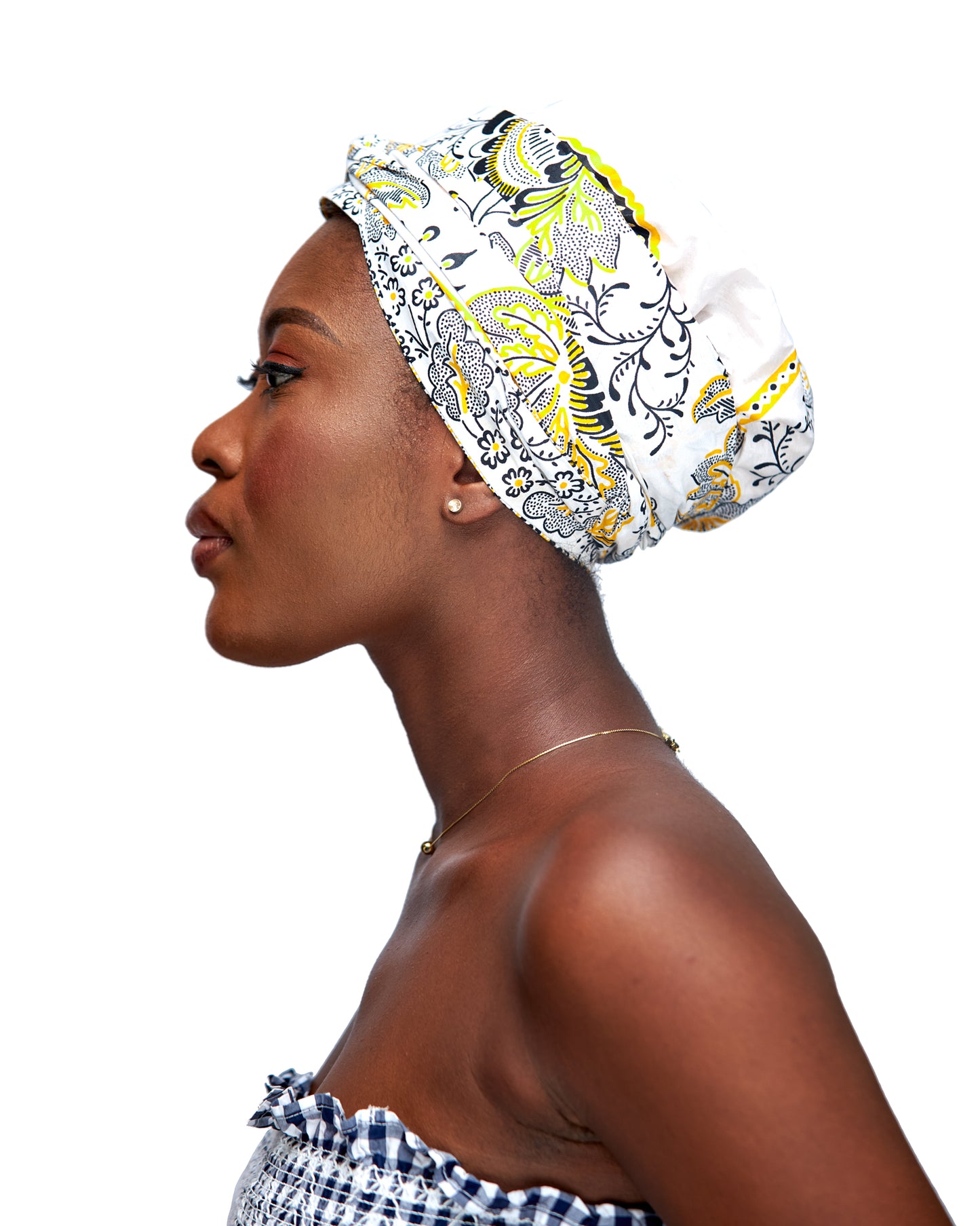 Ankara Wax Print Made of White Yellow And Black Blend of Beautiful Colours And Pattern, Hand Made Elastic Silklined Bonnet With Band