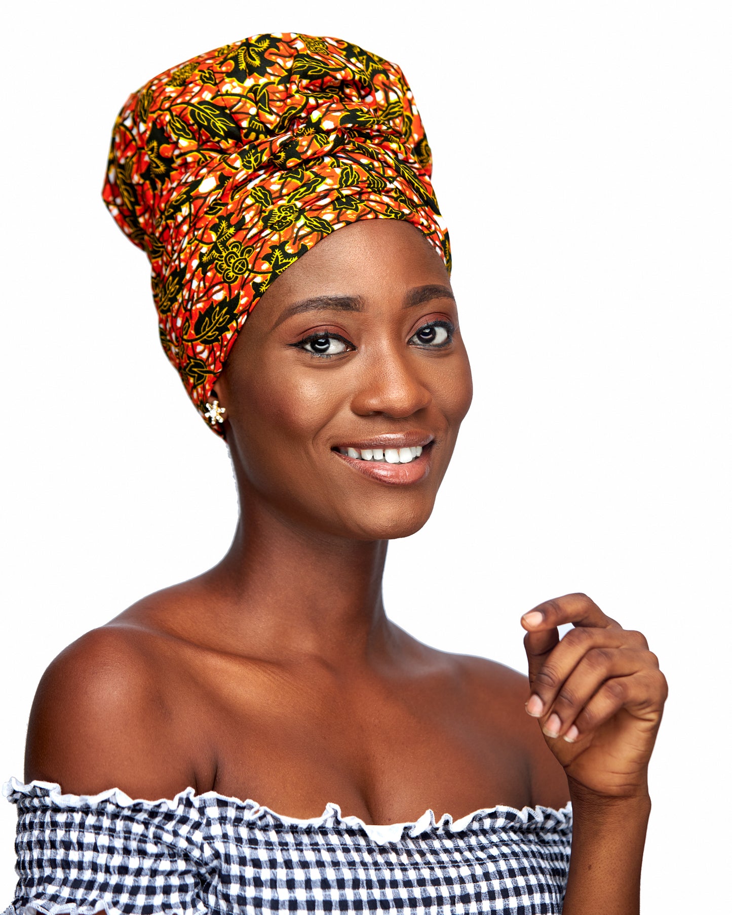 Ankara Wax Print Made of Orange, Gold, Black And White Blended Beautiful Colours And Pattern, Hand Made Elastic Silklined Bonnet With Band