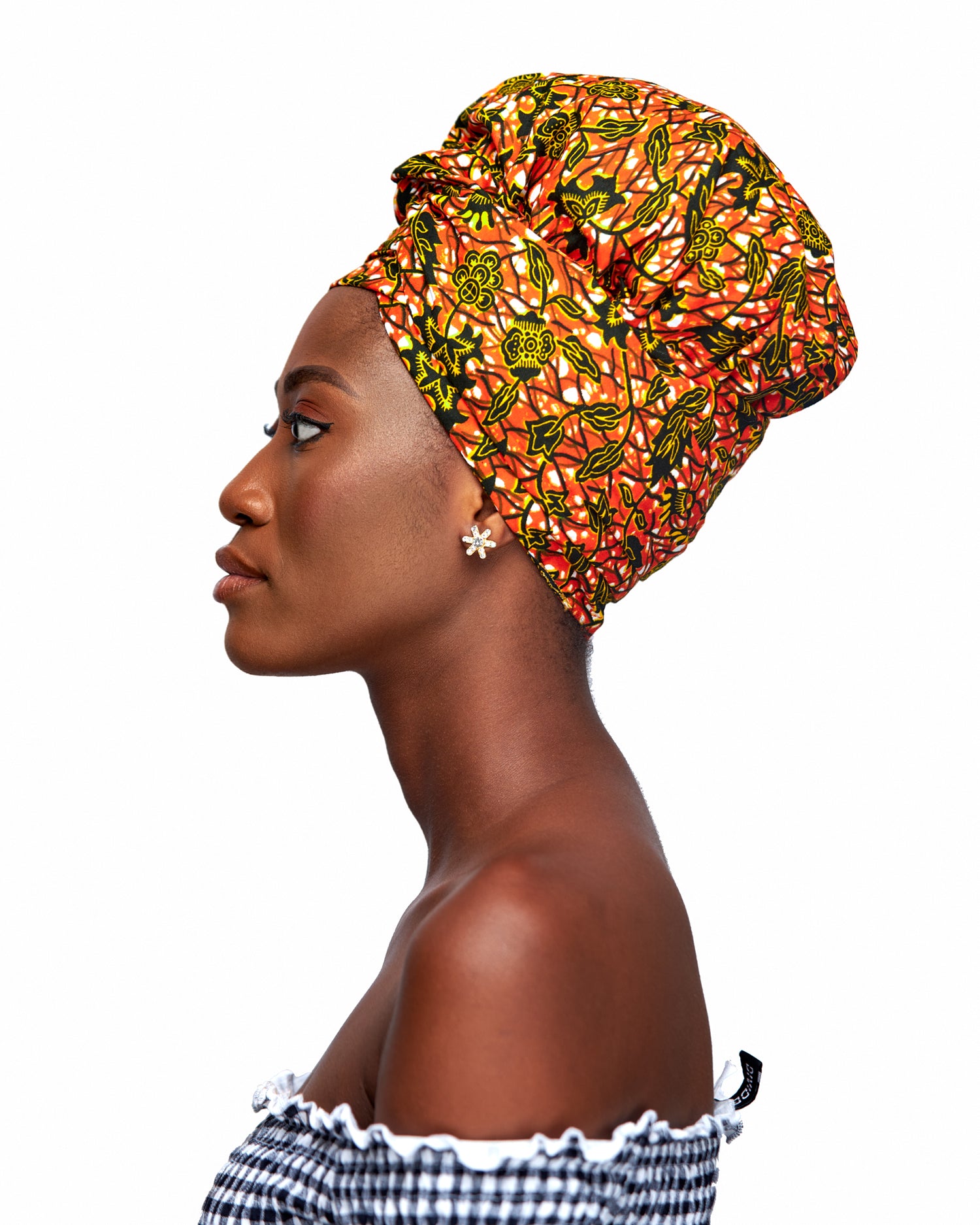 Ankara Wax Print Made of Orange, Gold, Black And White Blended Beautiful Colours And Pattern, Hand Made Elastic Silklined Bonnet With Band
